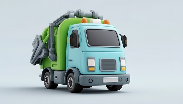 Bright green and light blue garbage collection truck with rear compactor on white background