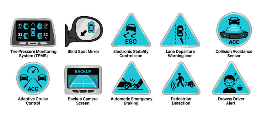 Car Safety Technology Icons Set: Driver Assistance Systems, ADAS Features, Vehicle Monitoring Sensors, Autonomous Driving Symbols for Automotive Dashboard Interface Design and Modern Traffic Safety Gr