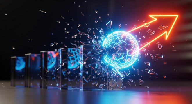 Neon globe breaking through glass barriers with rising arrow