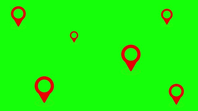 Animated background of many red location markers pulsing on a bright chroma key green screen