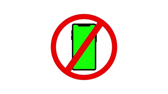 Animated no phone icon with a red prohibition circle on a white background. Use for quiet zone warning, device ban, or alert footage.
