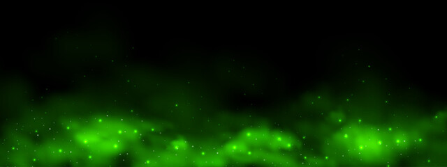 Green smell cloud with magic sparkle and gas background. Glow and smelly haze with glitter for spooky chemical overlay. Nebula realistic steam bottom flow. Dirty chemistry paint fog transparent. © Mariia