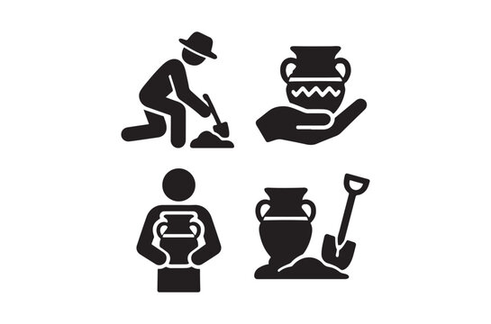 Archaeological excavation icons depicting pottery digging and artifact handling
