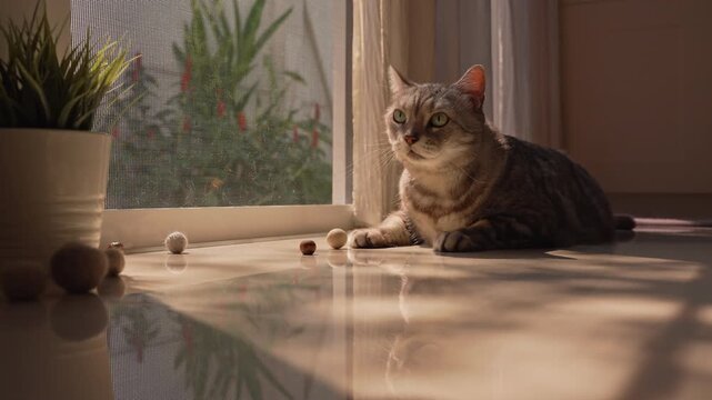 Slow zoom-in on fat gray tabby cat sunbathing by a screen door, sniffing toys and looking up curiously. Warm morning sunlight and soft shadows create a peaceful relaxation mood.