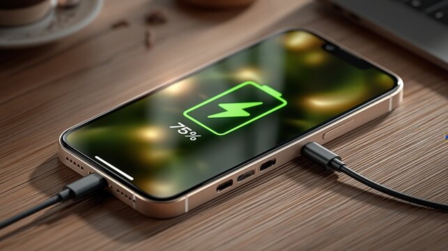 Modern smartphone charging with a cable on a wooden desk, battery icon showing 75% charge