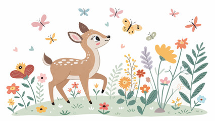 Obraz premium Cute cartoon deer standing in a field of colorful flowers and butterflies