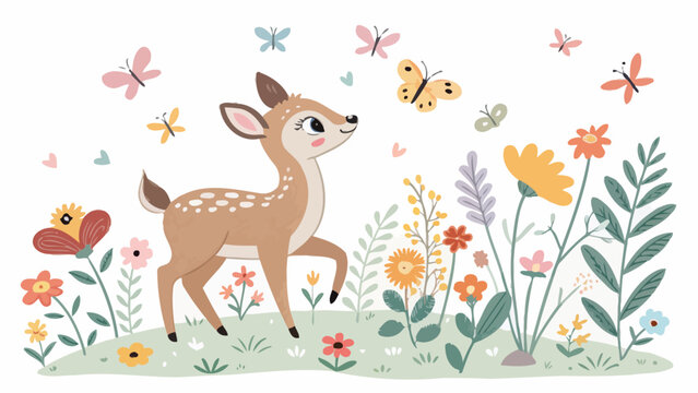 Cute cartoon deer standing in a field of colorful flowers and butterflies