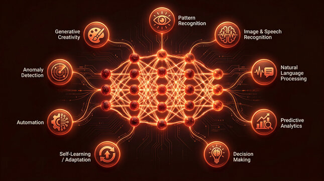Infographics of neural network capabilities, including generative creativity, predictive analytics, and pattern recognition. Visualize key AI features for business and modern technology.
