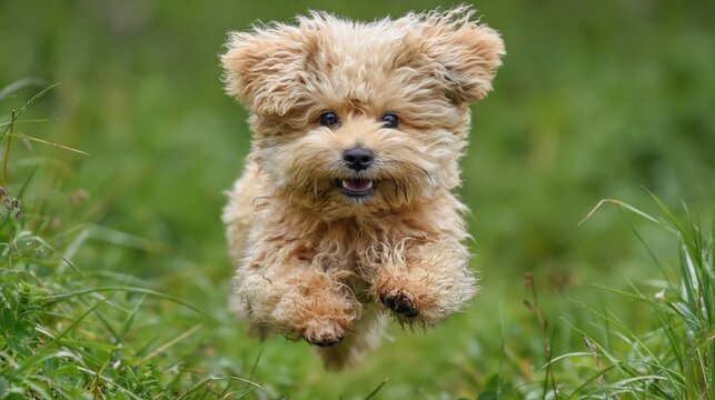 Adorable Fluffy Small Dog Breed Running Happily Through Lush Green Grass Outdoors