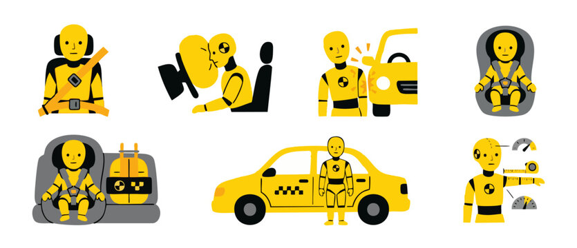 Crash test dummy icon set, vehicle safety inspection and car passenger protection symbols including seatbelt, airbag, child car seat, and auto accident collision analysis for automotive engineering de