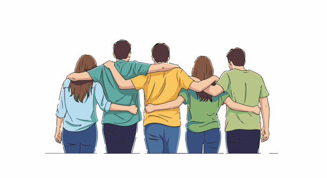 Five friends in a line, arms around each other, backs to viewer