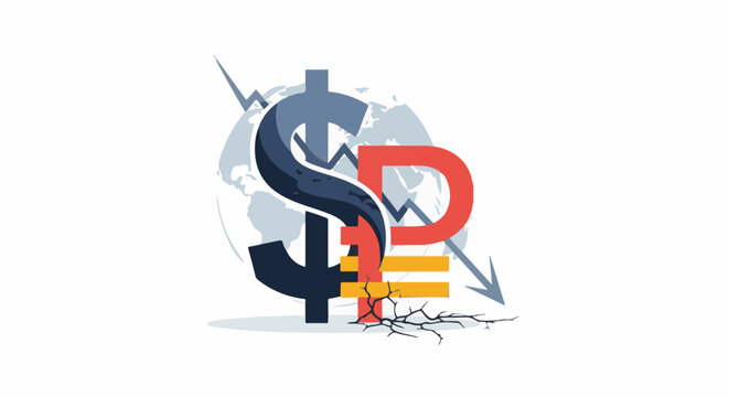 Global currency symbols merging with a downward trend graph, symbolizing economic decline