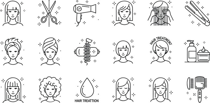 Hair care and styling icons vector set with women hairstyles tools treatment symbols in minimal line style beauty salon illustration collection