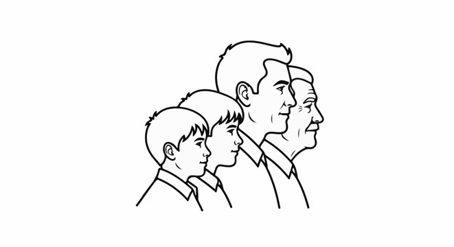 Four male figures of different ages, lined up in profile, representing generations
