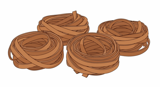 Four nests of dry fettuccine pasta on a white background