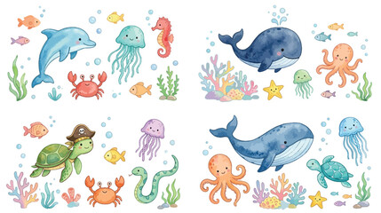 Cute sea animals set dolphin whale octopus jellyfish turtle and coral reef cartoon vector illustration collection © Mst