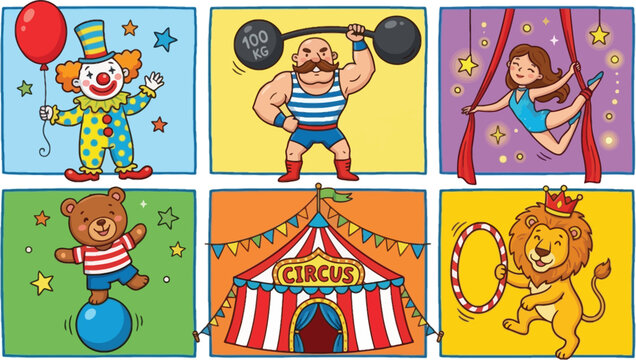 Circus scenes set clown strongman acrobat lion and tent colorful cartoon vector illustration collection