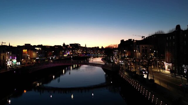 Ha&rsquo;penny Bridge and Millennium Bridge at Sunset in Winter, Dublin, Ireland