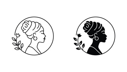 Elegant female profile portrait logo with floral elements in outline and solid black silhouette styles for beauty and wellness branding © Nova