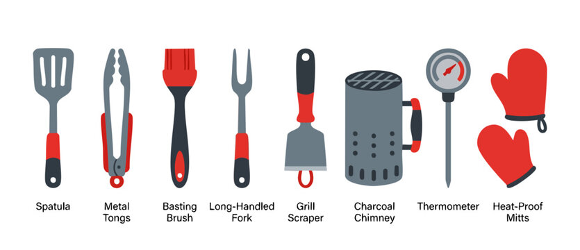 Barbecue Grill Tools Set Icon Collection Flat Vector Design for BBQ Cooking Utensils with Spatula, Tongs, Basting Brush, Fork, Scraper, Charcoal Chimney, Meat Thermometer and Heat-Proof Oven Mitts Glo