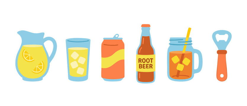 Beverage drink icons set with root beer, lemonade, and soda cans. Flat vector illustration featuring a pitcher, glass, bottle, mason jar, and bottle opener for summer party menu design or restaurant.