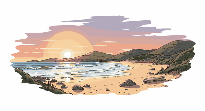 Gentle waves lap a sandy shore at sunset, with hills rising behind
