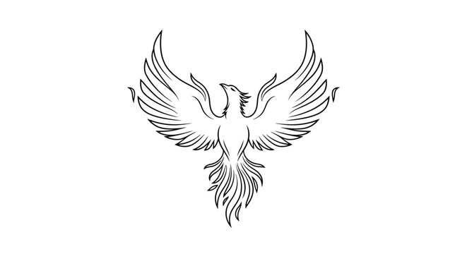 Stylized phoenix bird illustration with open wings, black outline on white.