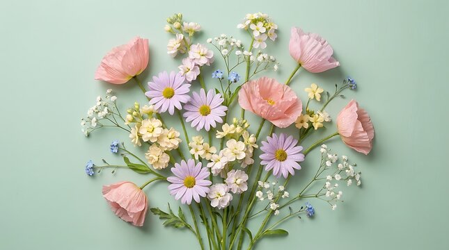 Spring meadow Mother's Day flowers bouquet arranged on pale green background