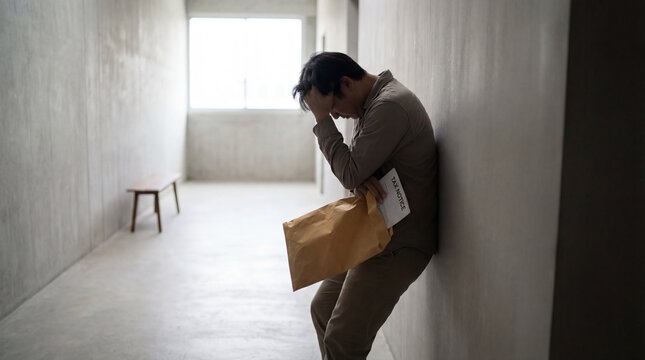 distressed man leaning against corridor wall holding envelope with termination notice capturing job loss financial insecurity workplace dismissal unemployment stress plus uncertain future