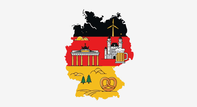 German map outlines with national flag colors and iconic imagery