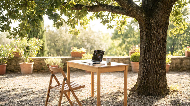laptop on wooden table under tree in sunny garden outdoor workspace