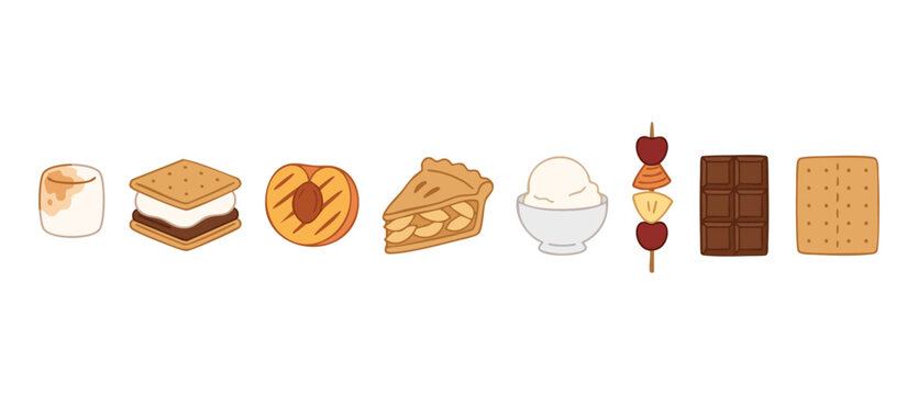 Smores ingredients and camping desserts icon set, featuring roasted marshmallow, chocolate, graham cracker, apple pie slice, fruit skewer and ice cream scoop, isolated vector style graphic for summer