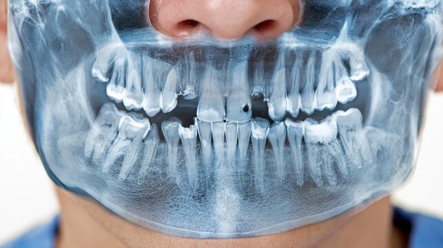 Close-up Dental Panoramic X-ray Showing Human Jawbone, Teeth, and Gums with Visible Cavities and Missing Tooth