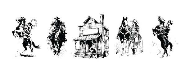 Obraz premium Wild West Illustration Set - Cowboys Riding Horses, Western Saloon, Cowgirl and Horse Ink Sketches