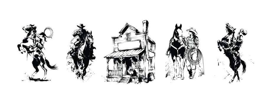 Wild West Illustration Set - Cowboys Riding Horses, Western Saloon, Cowgirl and Horse Ink Sketches