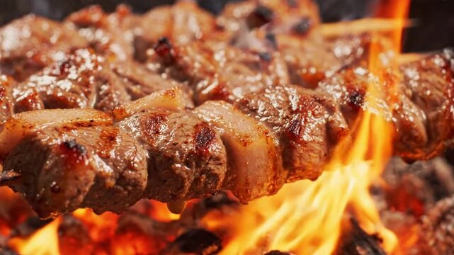 Cinematic 4K close-up of traditional Brazilian barbecue beef skewers grilling over hot coals with golden flames flickering and artistically touching the juicy seasoned meat a perfect loop.