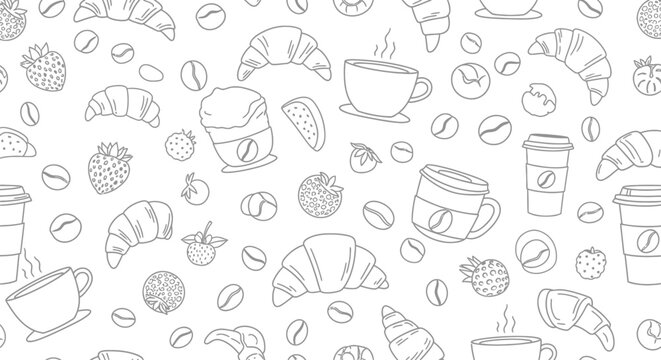 Seamless breakfast and coffee doodle pattern