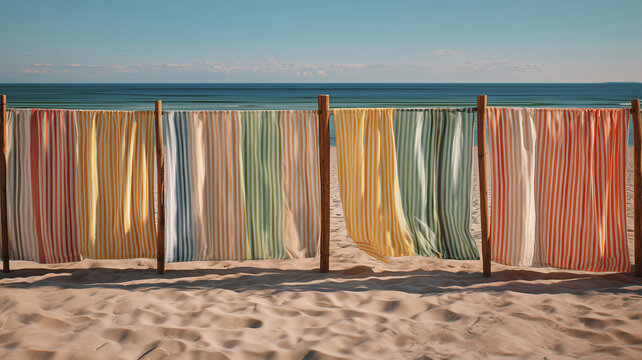 Colorful beach windbreak screens on Baltic Sea sandy beach traditional seaside summer scene