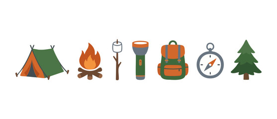 Fototapeta premium Camping icons set with tent, campfire, backpack and compass for hiking outdoor adventure travel. Flat vector illustrations of summer nature trip equipment and tools on a white background for web desig