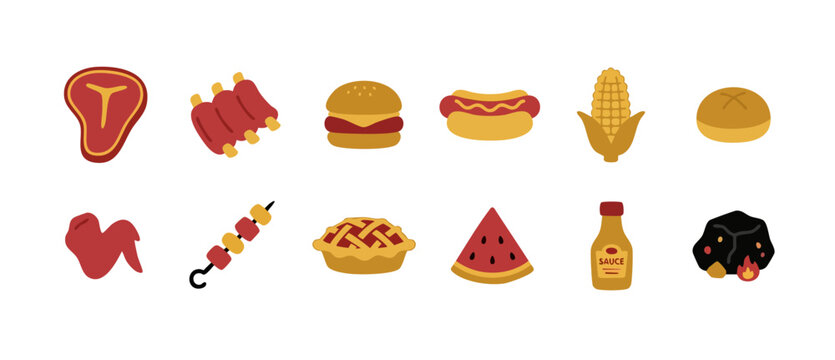 BBQ food icons set with steak, ribs, burger, hot dog and grilled meat items for summer picnic party or restaurant menu graphic design elements in flat vector illustration style for digital projects.