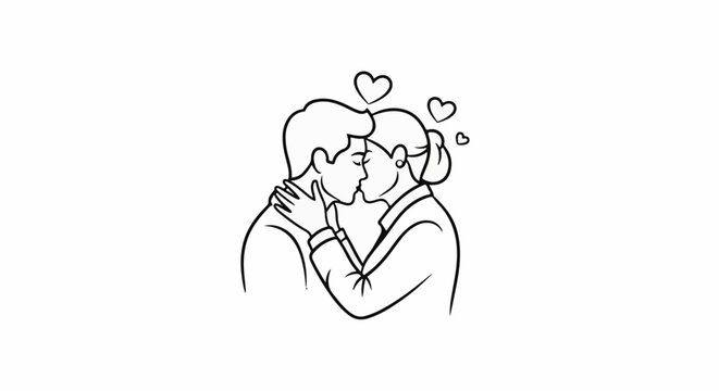 A couple shares a tender kiss, with hearts floating above