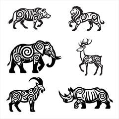 Obraz premium Six stylized animal silhouettes with ornate swirl patterns with elegant black filigree swirl motifs including boar, lion, elephant, deer, and rhino as isolated silhouettes for decorative print design 
