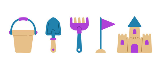 Sand bucket shovel rake flag sandcastle beach toy set for kids summer vacation activities and outdoor creative play with colorful plastic tools on white background in flat vector illustration design s © Fernando