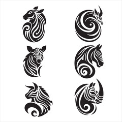 Abstract tribal animal head silhouettes with swirl art animal head icons with tribal swirl patterns vector illustration collection including horse rhino zebra and mythical creature designs © Peerlessgraph