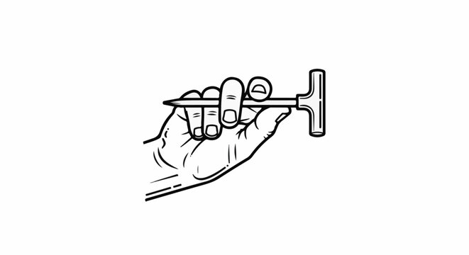 Hand holding a pointed awl tool with a T-shaped handle for precision work