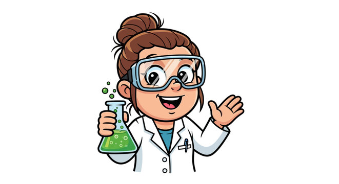 Happy cartoon scientist girl holding a bubbling flask.