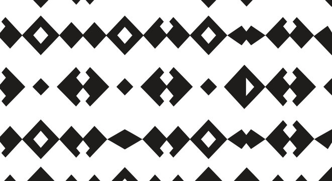 Geometric seamless pattern with abstract tribal shapes in black and white.