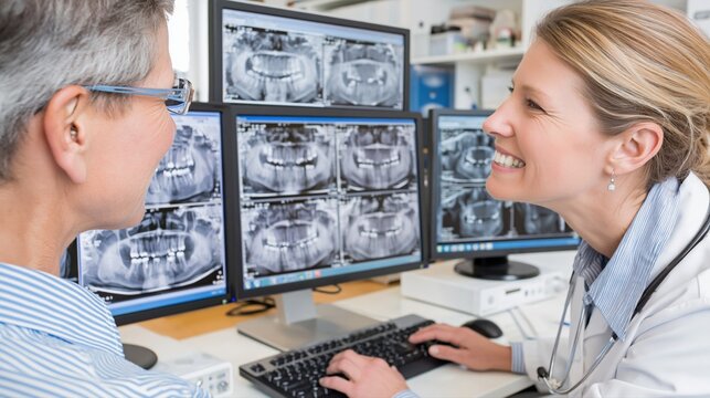 Smiling dentist reviews dental x-rays with patient, discussing treatment options on multiple monitors