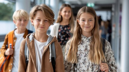 Fototapeta premium Diverse group of smiling school children walking in a bright modern hallway with backpacks, ready for learning