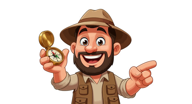 Smiling adventurer with a compass points forward